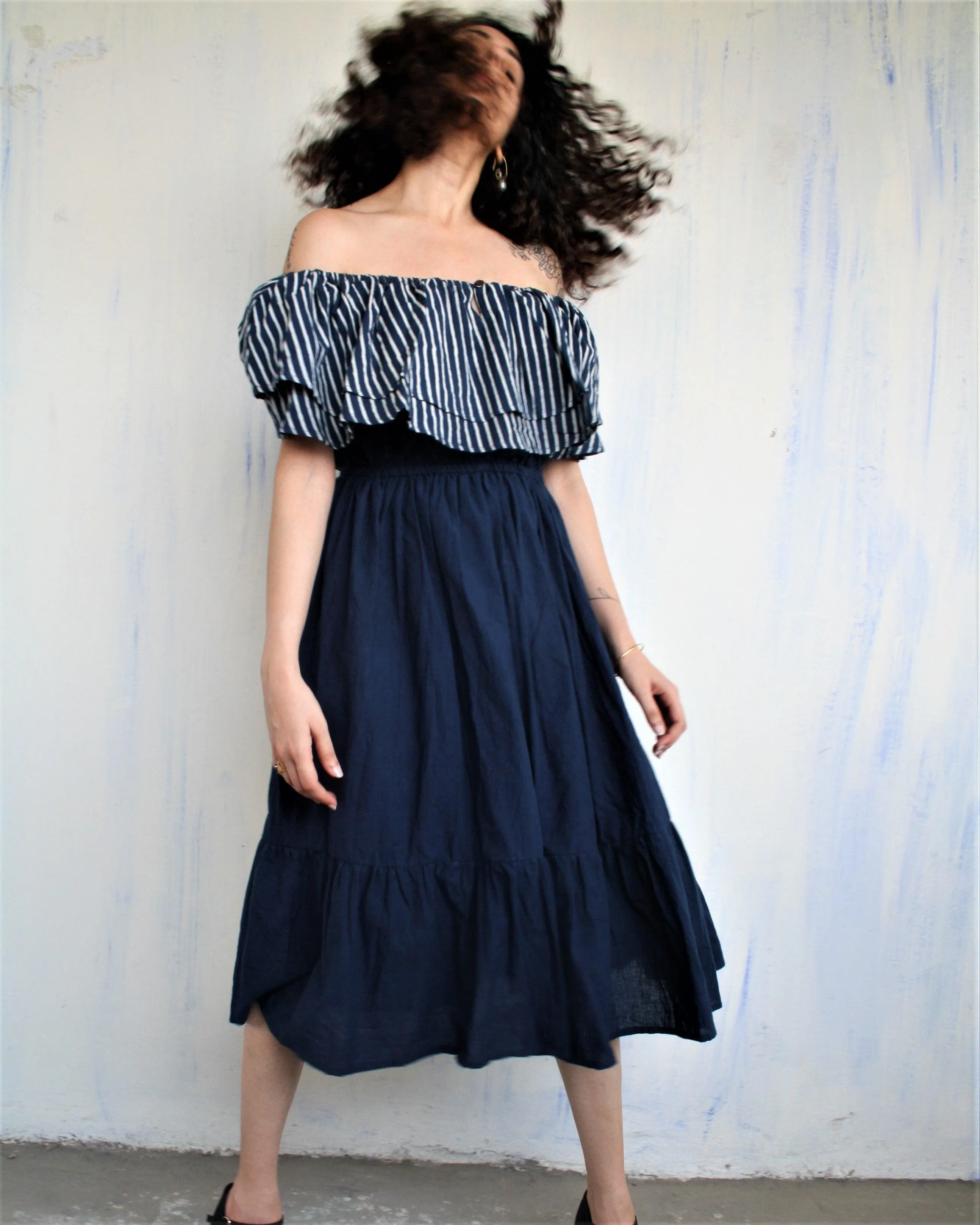 Blue Offshoulder Blockprinted Cotton Dress