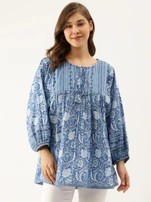 Blue Printed Cotton Peplum Top