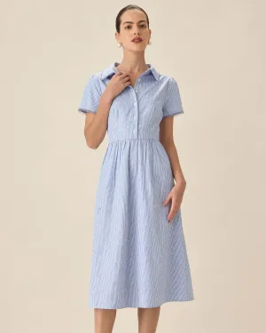 Blue Striped Button Midi Dress