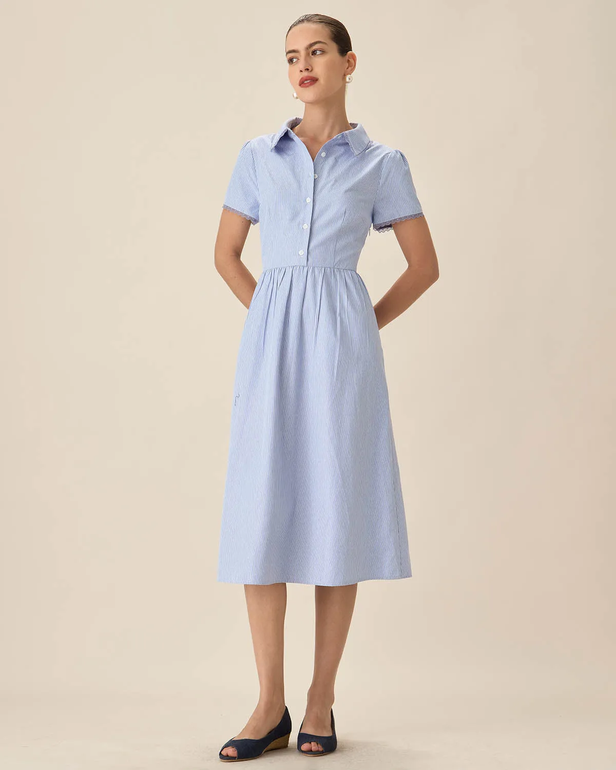 Blue Striped Button Midi Dress