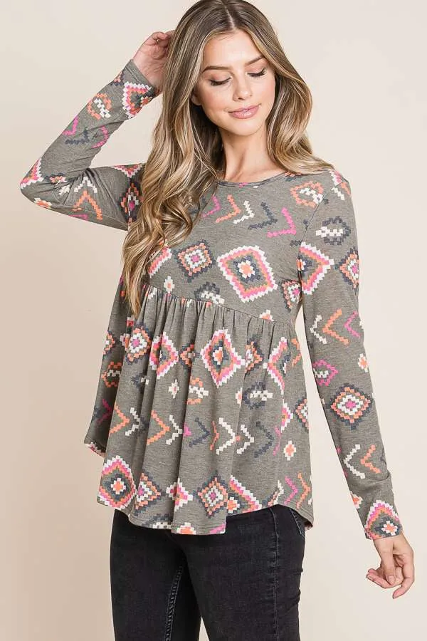 Bombom TL1674 Southwest Print Peplum Top