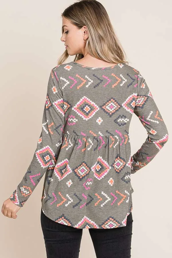 Bombom TL1674 Southwest Print Peplum Top