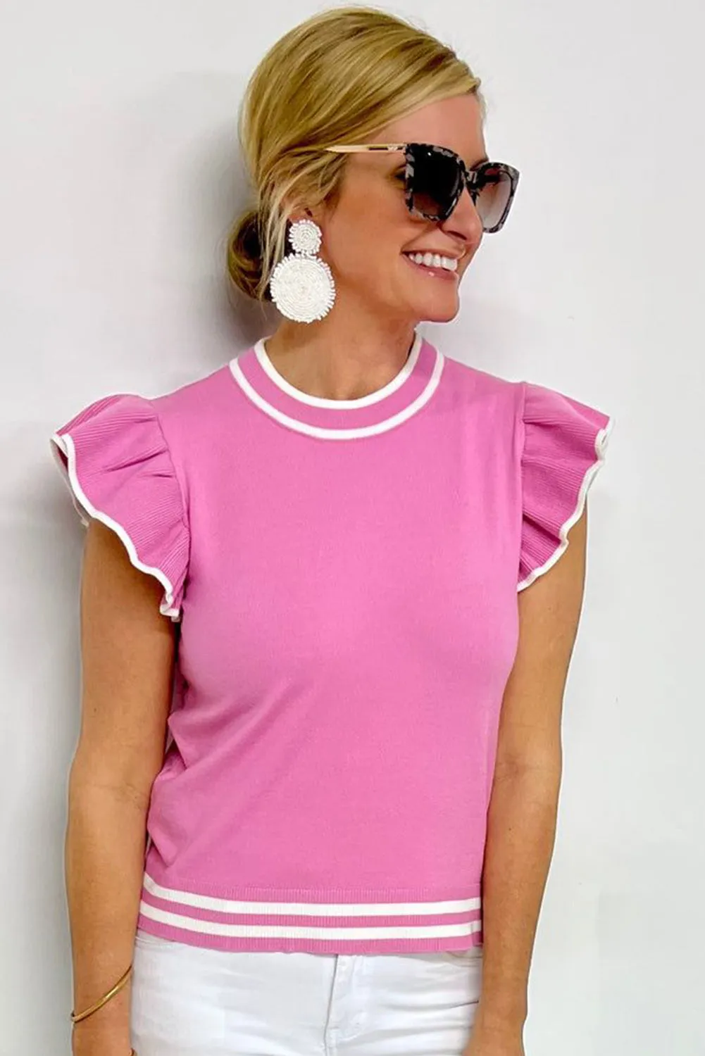 Bonbon Edge Piping Ruffled Sleeve Round Neck Knit T Shirt