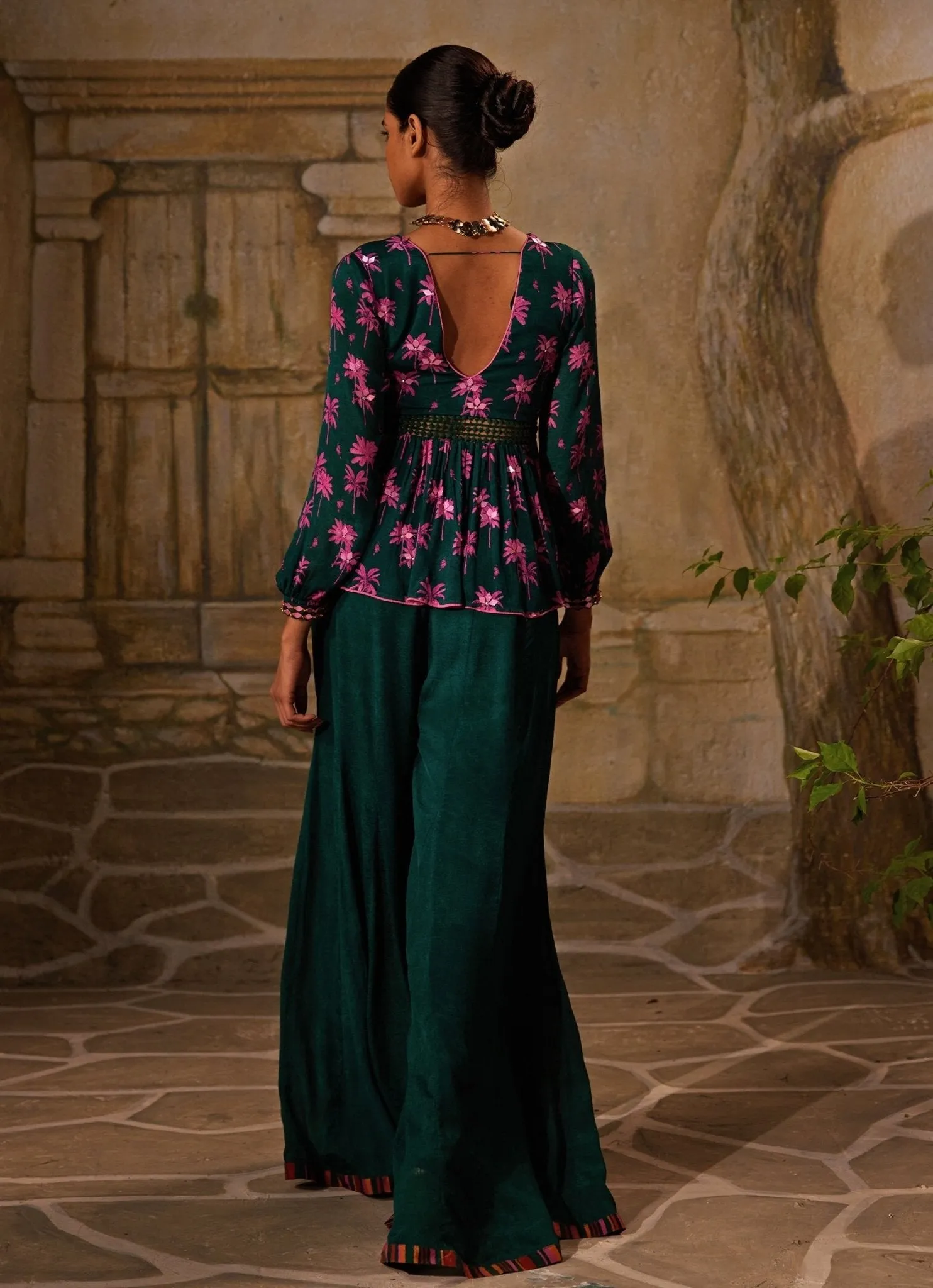 Bottle Green Printed Peplum Kurta And Pant Set