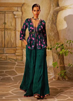 Bottle Green Printed Peplum Kurta And Pant Set