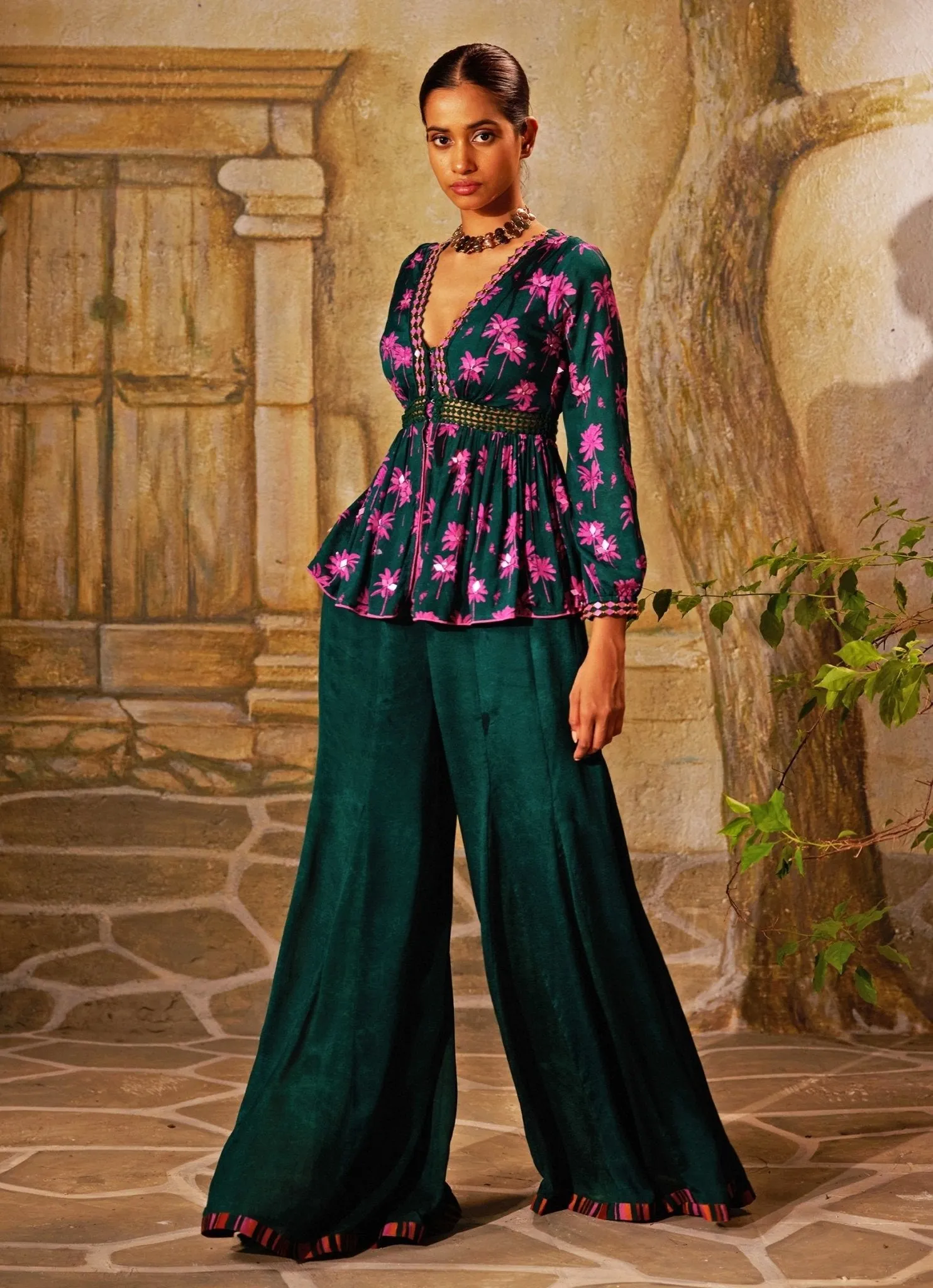 Bottle Green Printed Peplum Kurta And Pant Set