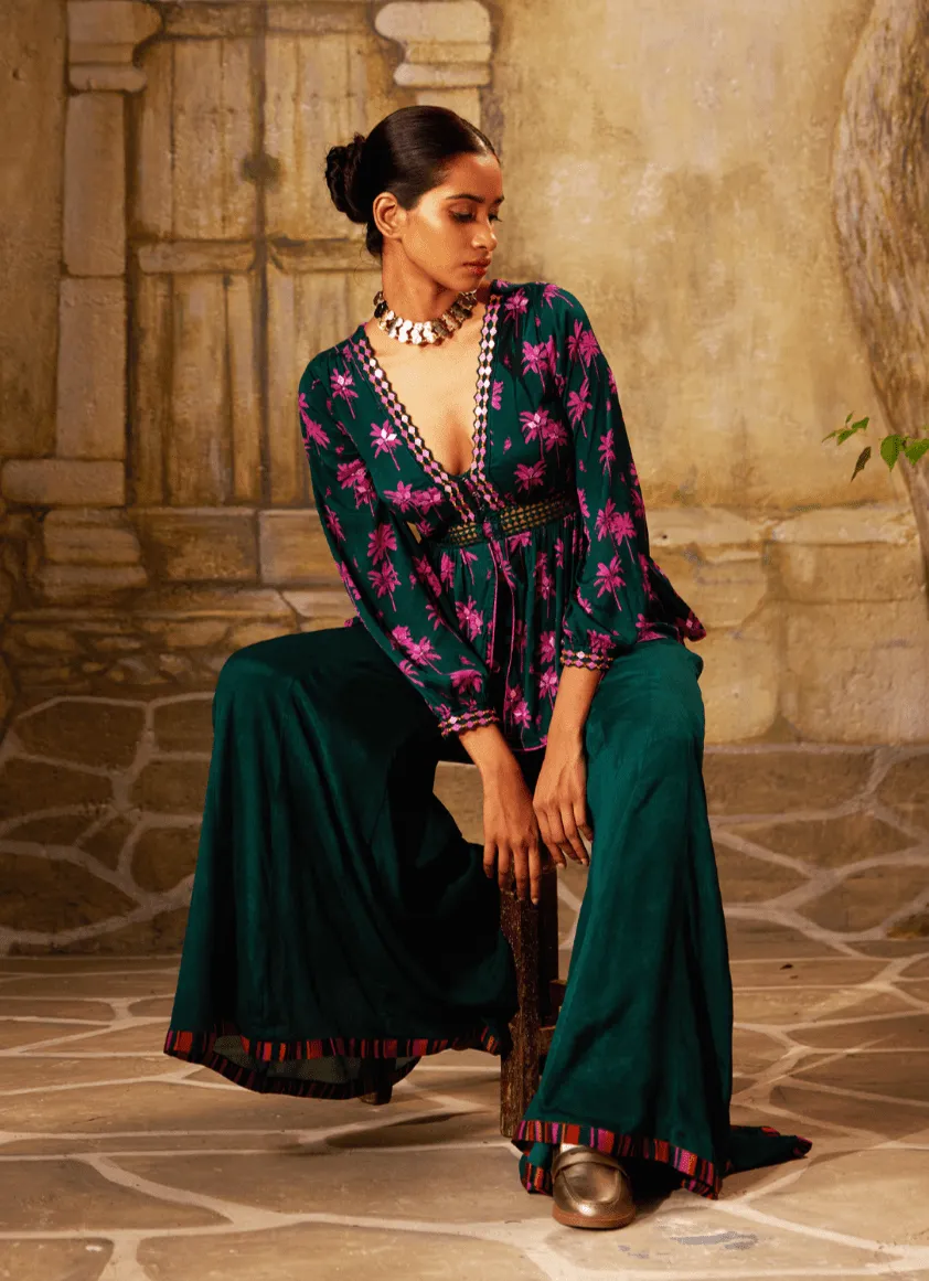 Bottle Green Printed Peplum Kurta And Pant Set