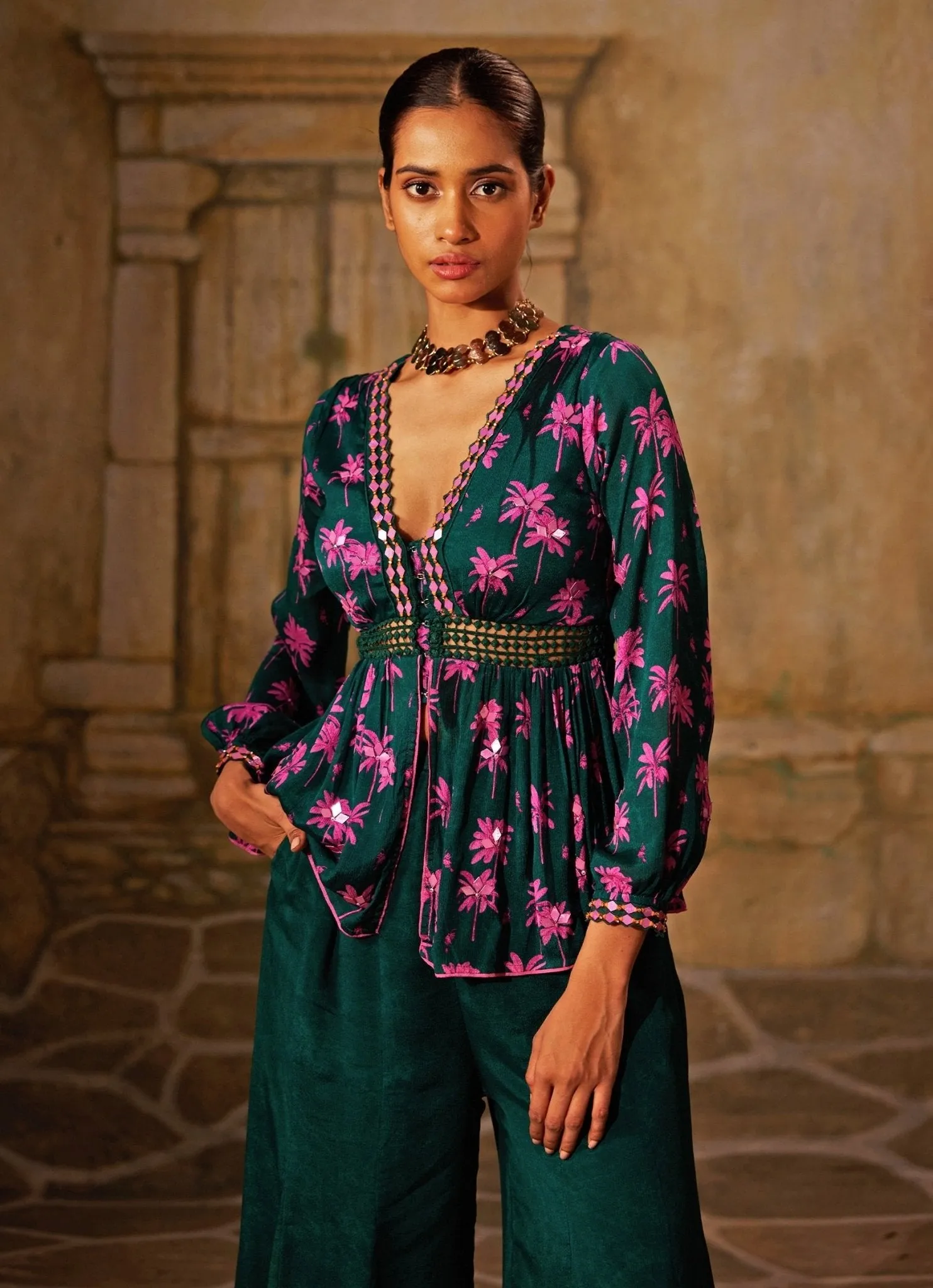 Bottle Green Printed Peplum Kurta And Pant Set