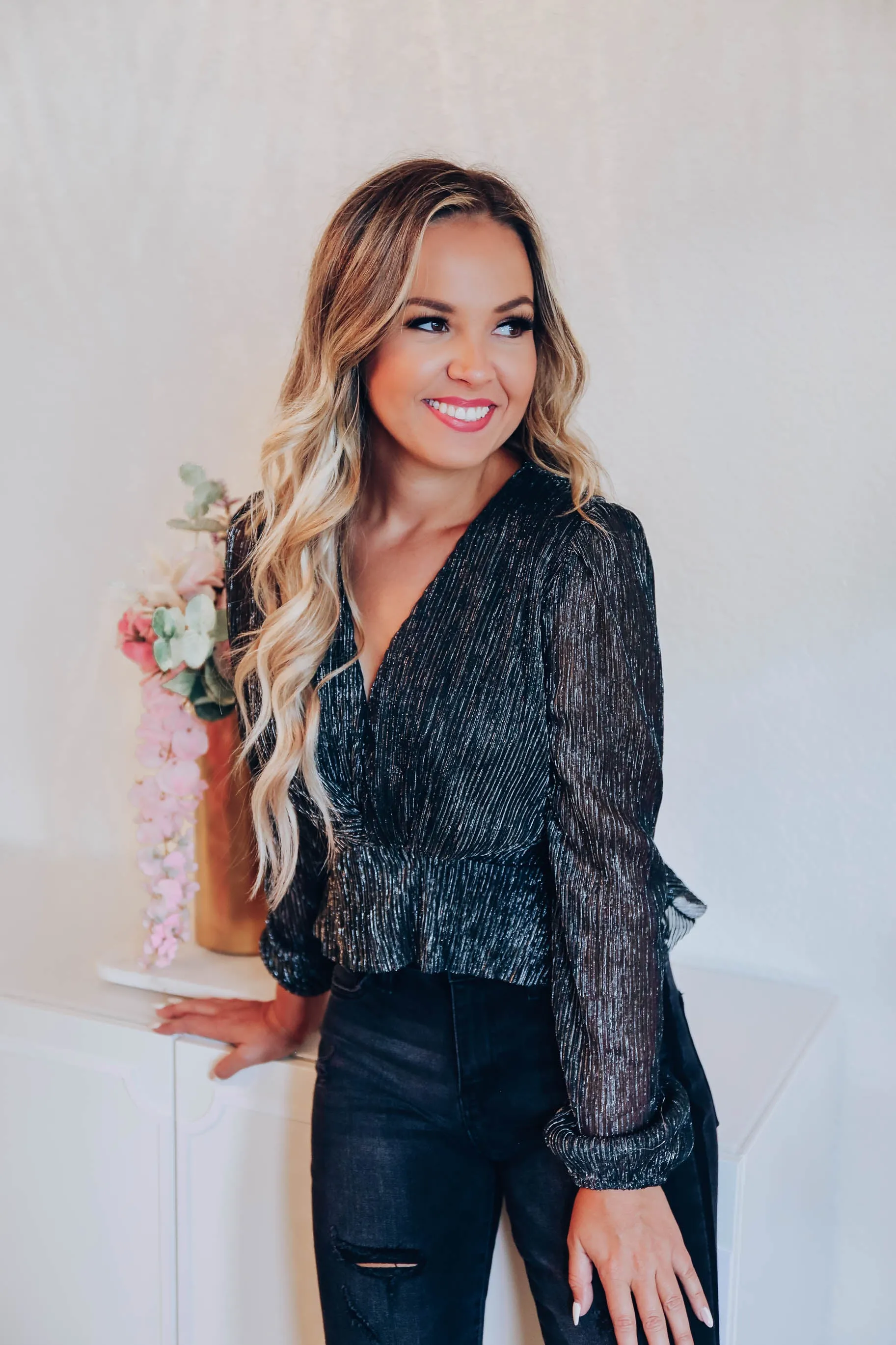 Brilliance Lurex Peplum Top - Black