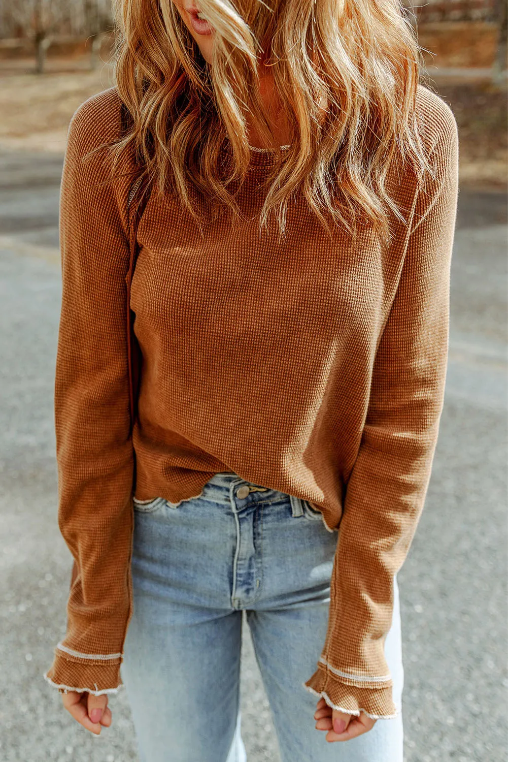 Brown Textured Crewneck Long Sleeve Top