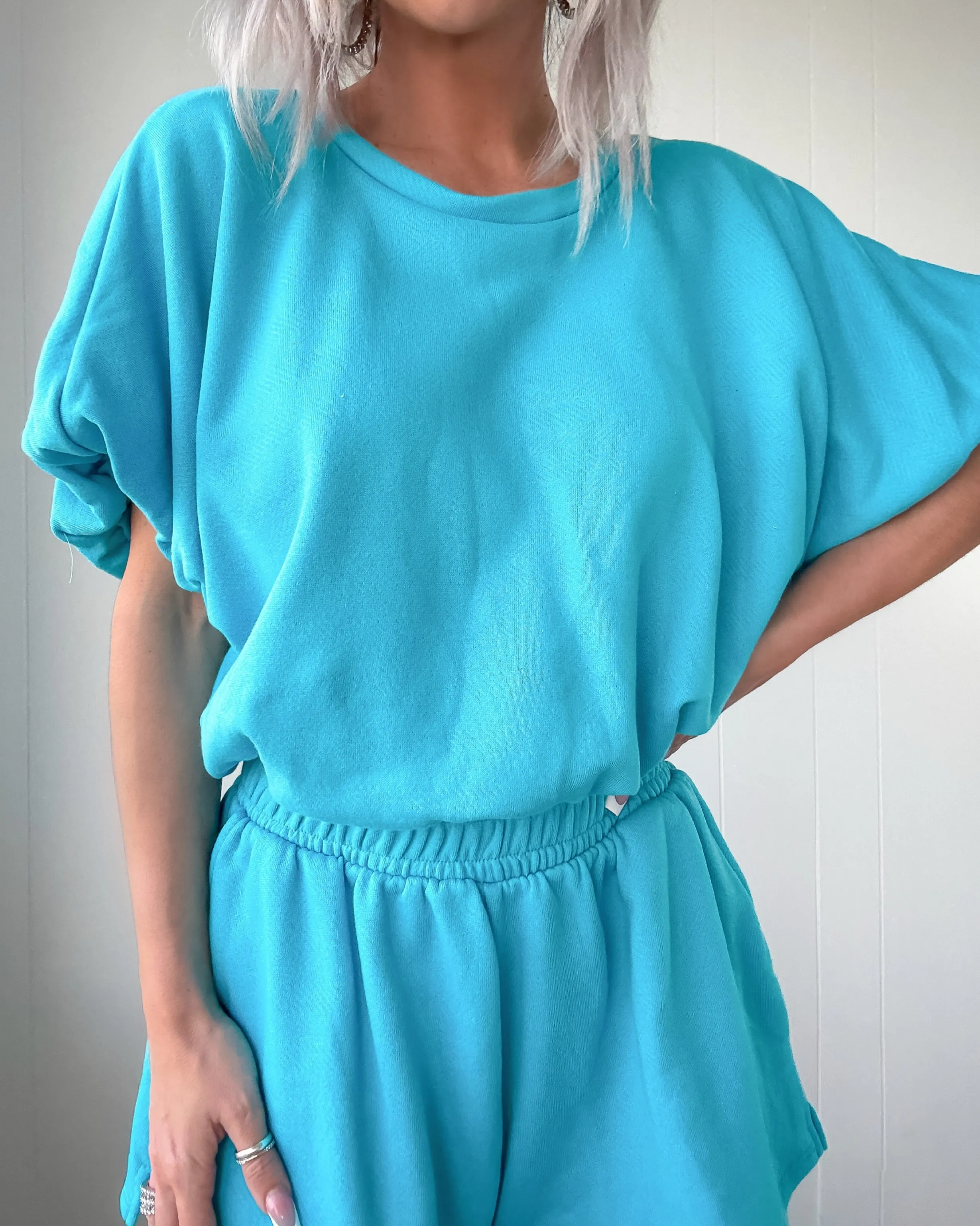 Bubble Hem Terry Crop Top - Blue