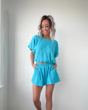 Bubble Hem Terry Crop Top - Blue