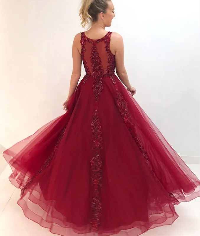 Burgundy tulle lace long prom dress, burgundy evening dress