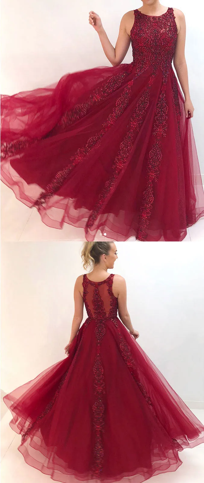 Burgundy tulle lace long prom dress, burgundy evening dress