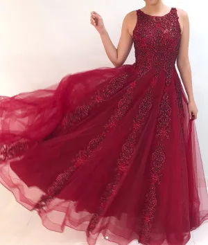 Burgundy tulle lace long prom dress, burgundy evening dress