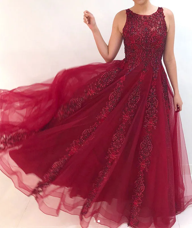 Burgundy tulle lace long prom dress, burgundy evening dress