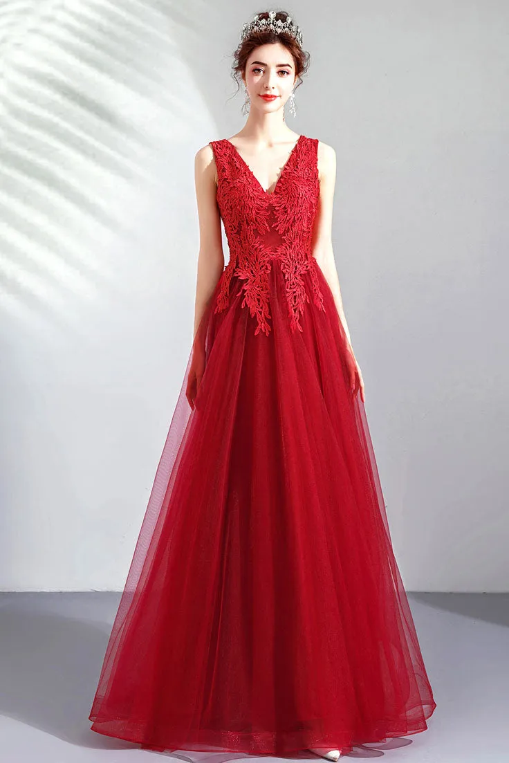 Burgundy v neck tulle lace long prom dress, burgundy evening dress