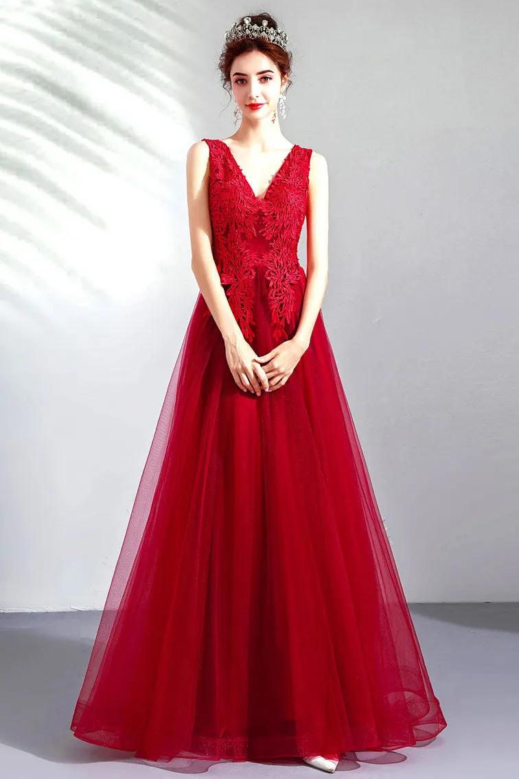 Burgundy v neck tulle lace long prom dress, burgundy evening dress