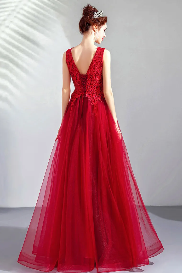 Burgundy v neck tulle lace long prom dress, burgundy evening dress