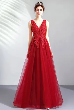 Burgundy v neck tulle lace long prom dress, burgundy evening dress