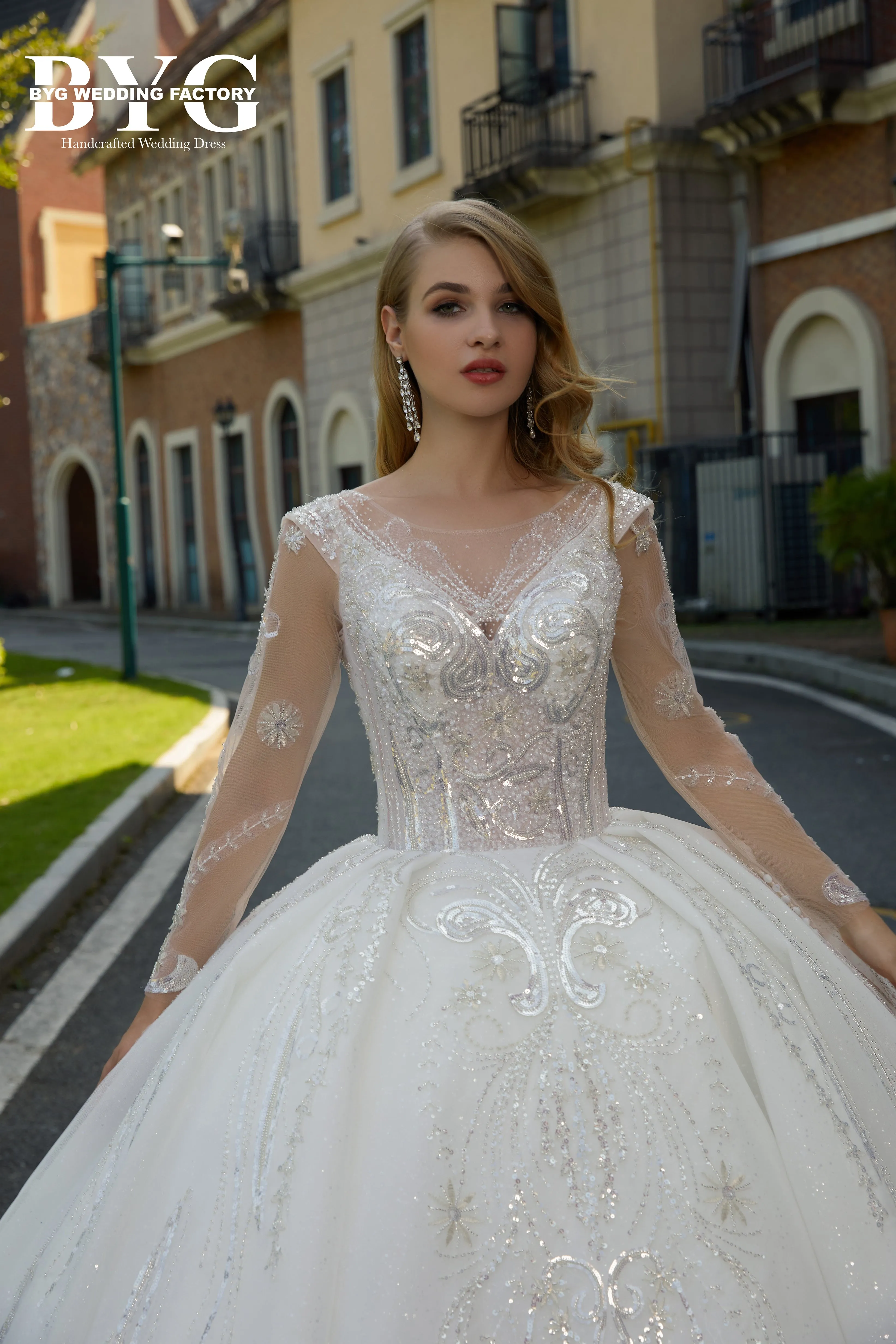 BYG #29781 royal dress long sleeves and long train