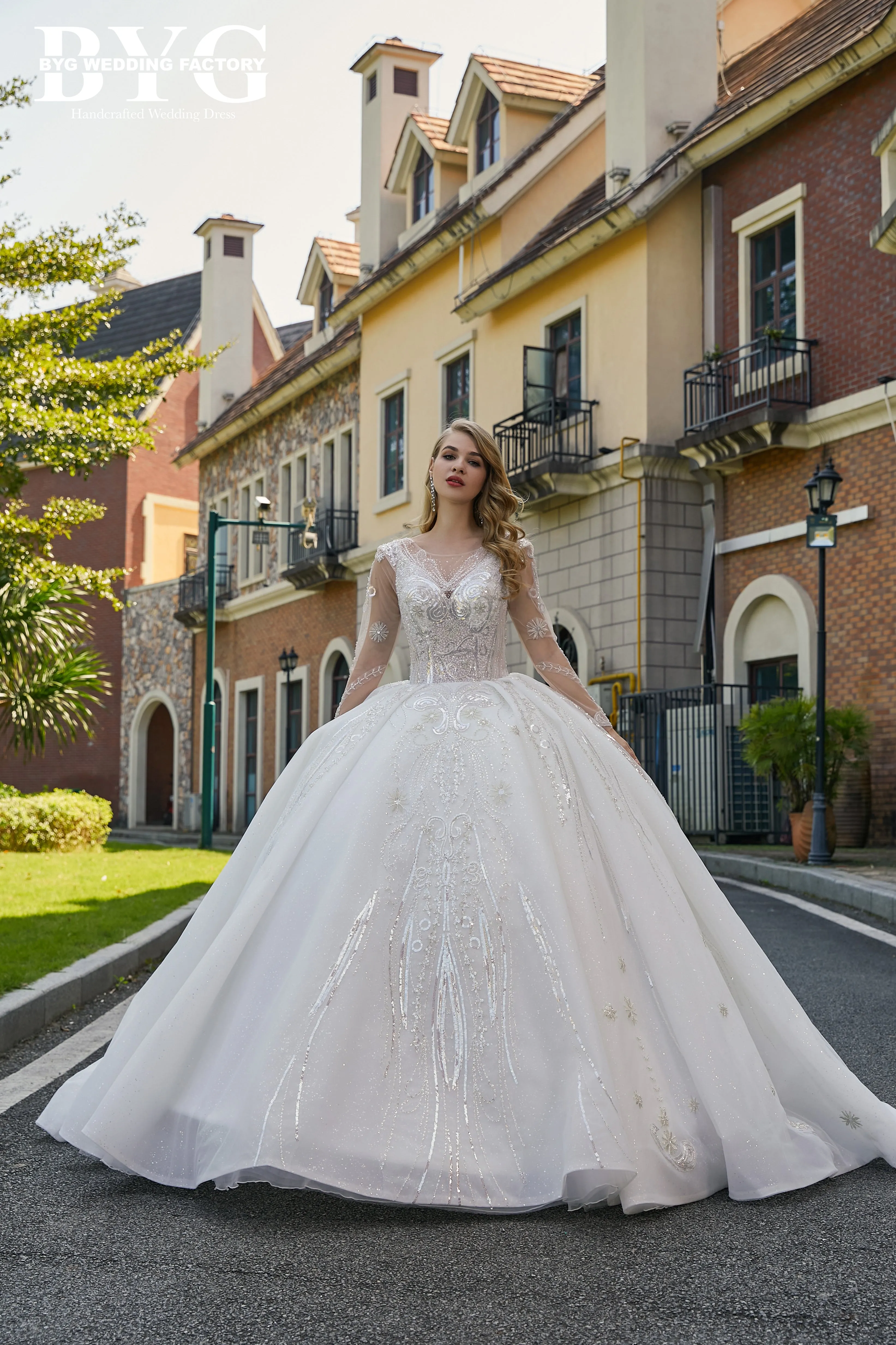 BYG #29781 royal dress long sleeves and long train