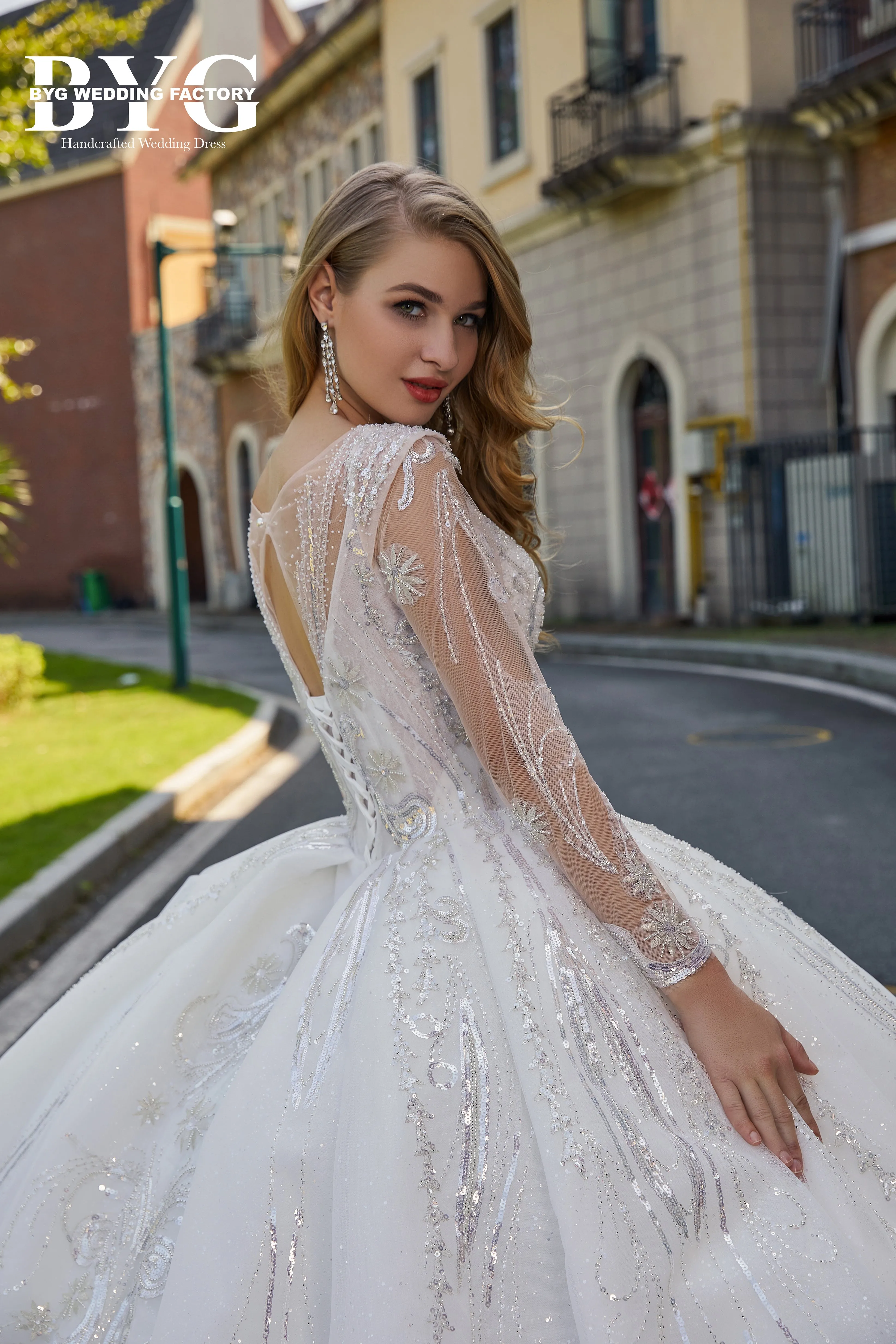 BYG #29781 royal dress long sleeves and long train