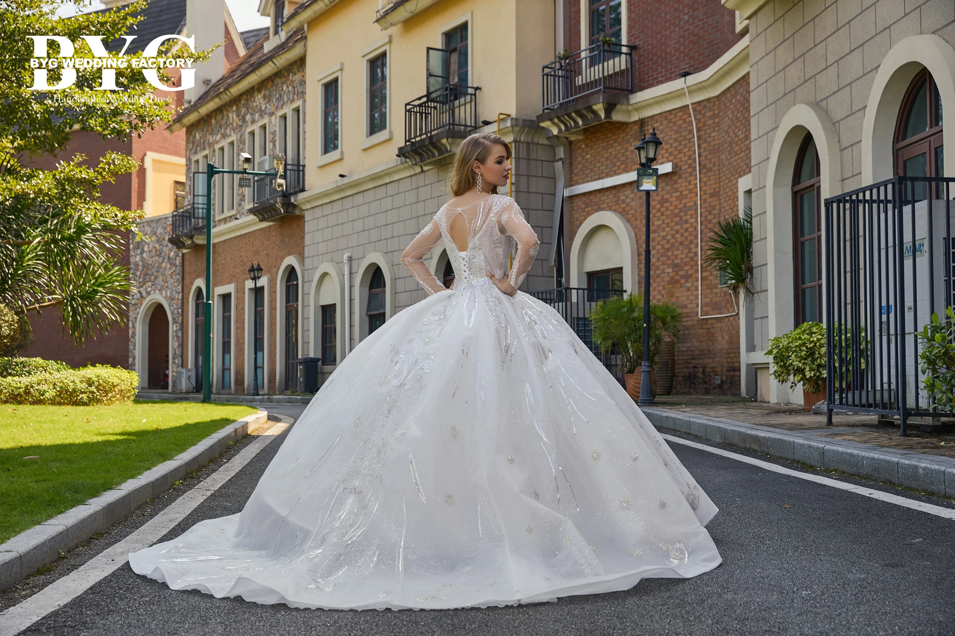 BYG #29781 royal dress long sleeves and long train