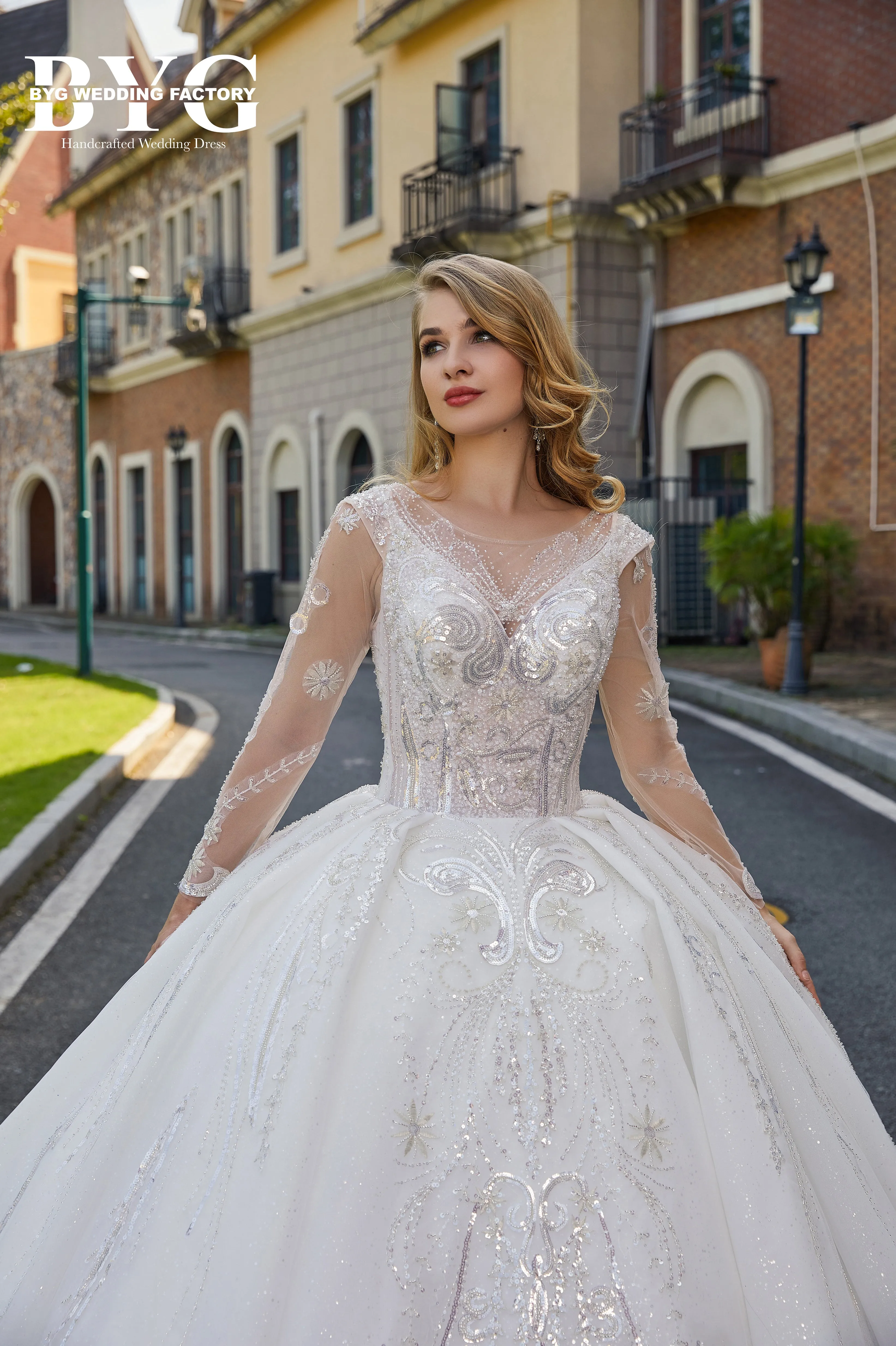 BYG #29781 royal dress long sleeves and long train