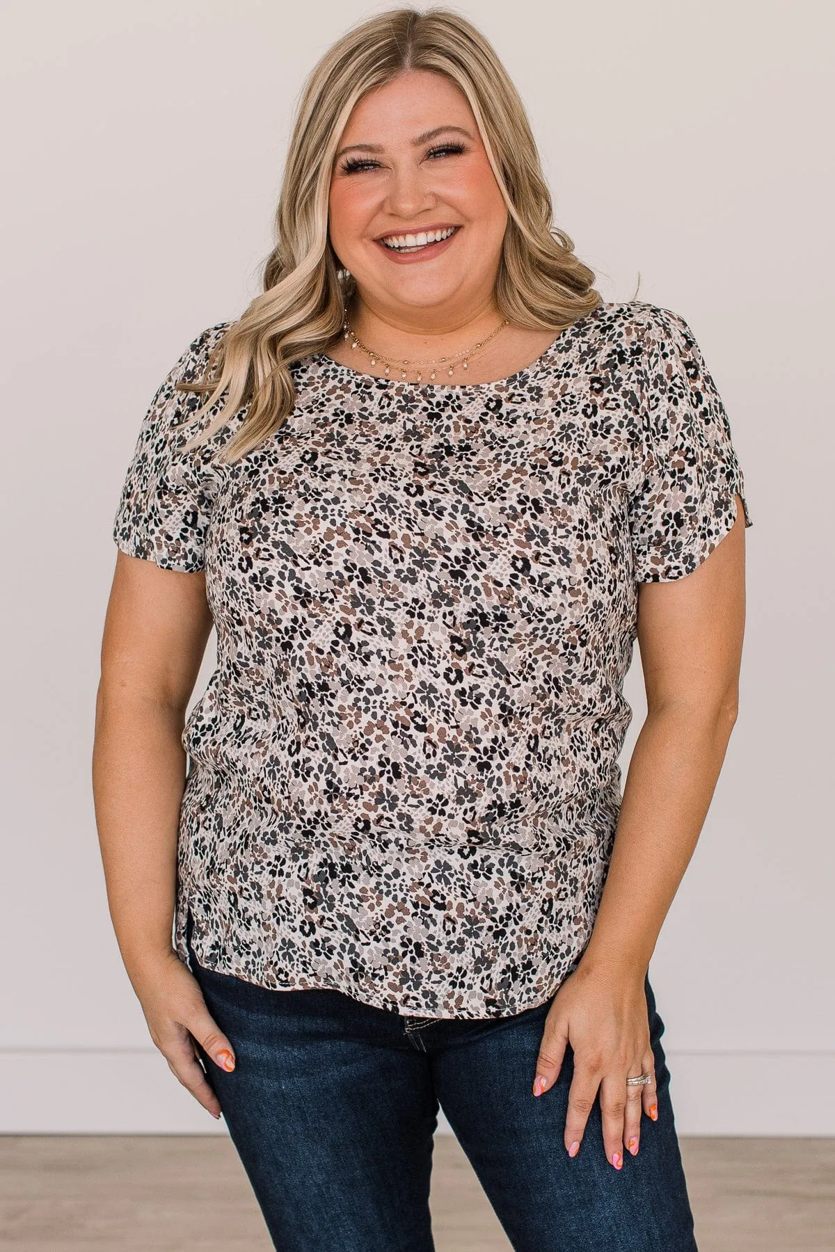 Calling For You Printed Top- Ivory, Charcoal, & Mocha