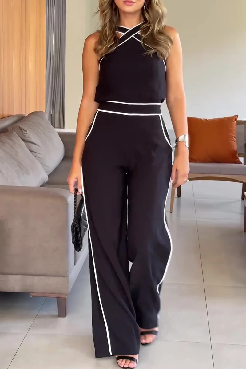 Casual British Style Solid Pocket Contrast Halter Sleeveless Two Pieces