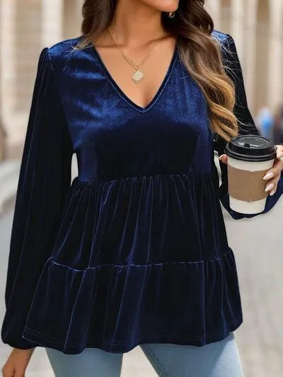 Casual Drama Velvet Long Sleeve Peplum Blouse