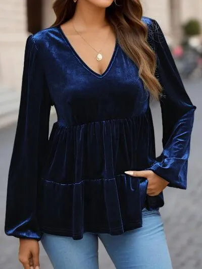 Casual Drama Velvet Long Sleeve Peplum Blouse