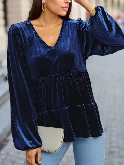 Casual Drama Velvet Long Sleeve Peplum Blouse