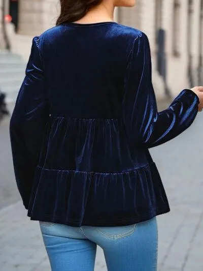 Casual Drama Velvet Long Sleeve Peplum Blouse