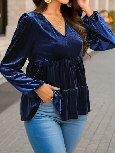 Casual Drama Velvet Long Sleeve Peplum Blouse