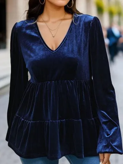 Casual Drama Velvet Long Sleeve Peplum Blouse
