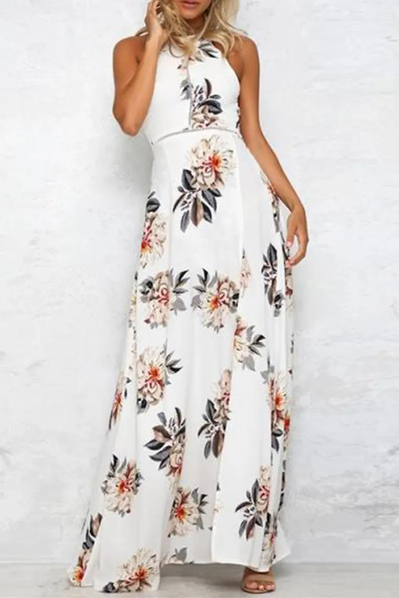 Casual Print Hollowed Out Frenulum Halter Sleeveless Dresses