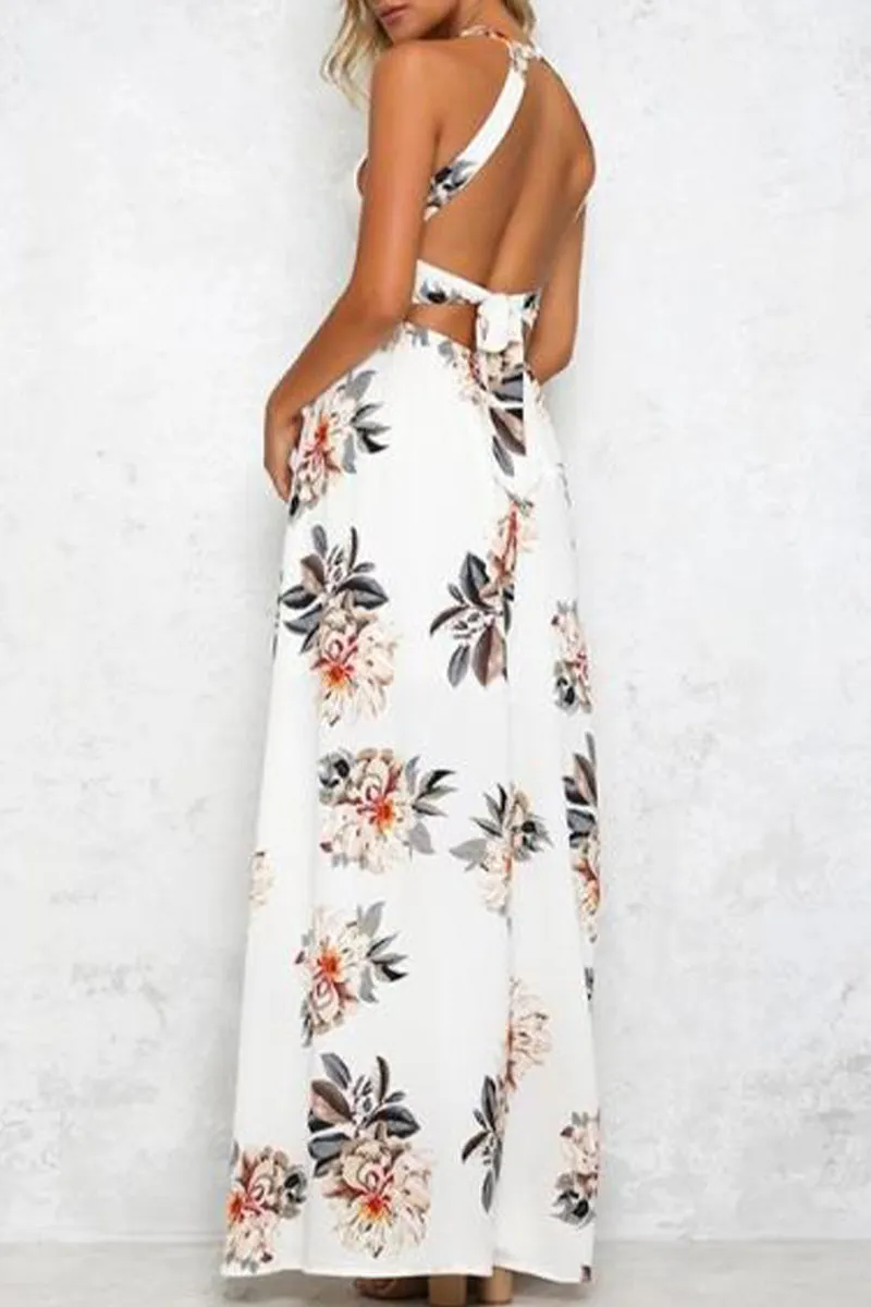 Casual Print Hollowed Out Frenulum Halter Sleeveless Dresses