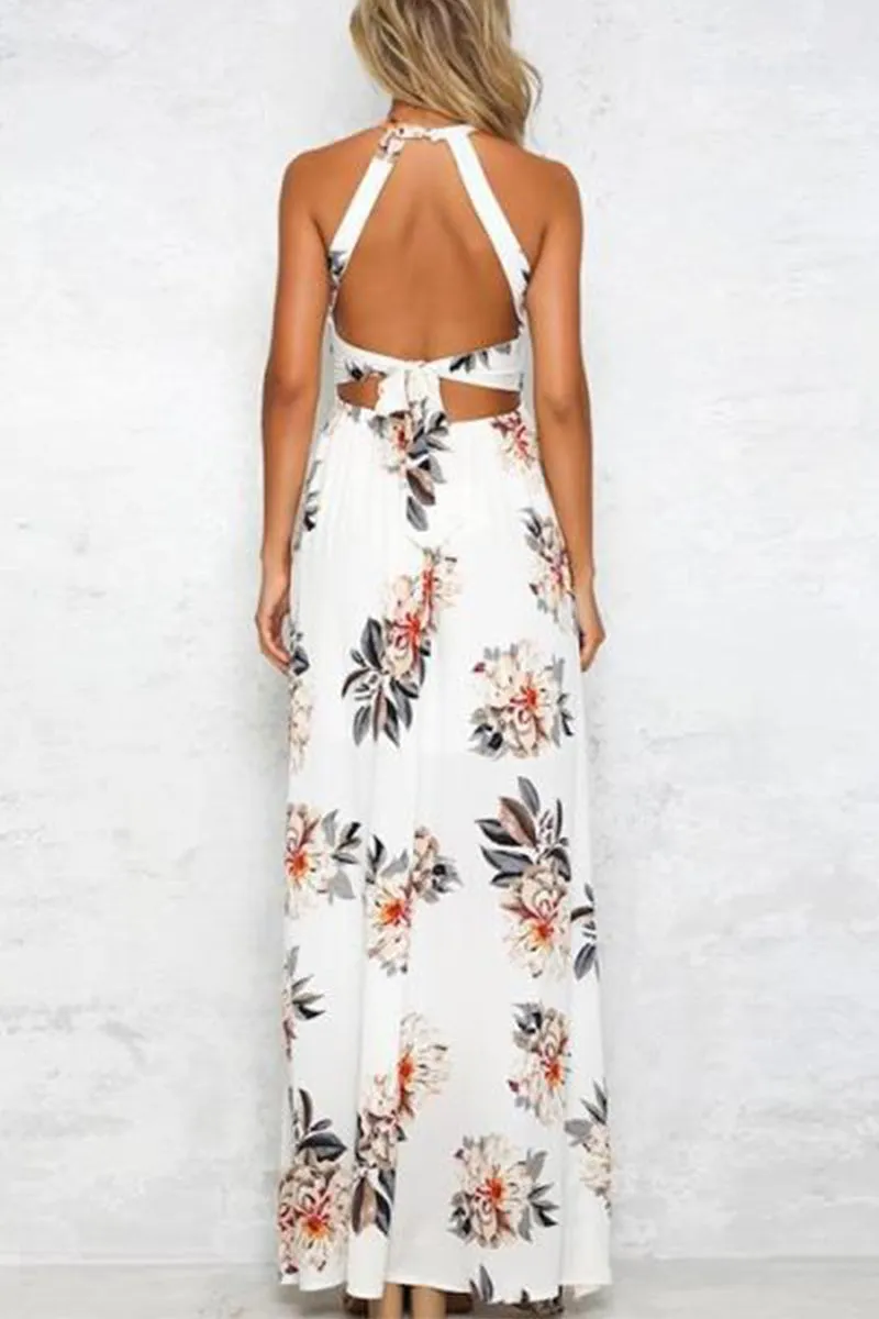 Casual Print Hollowed Out Frenulum Halter Sleeveless Dresses