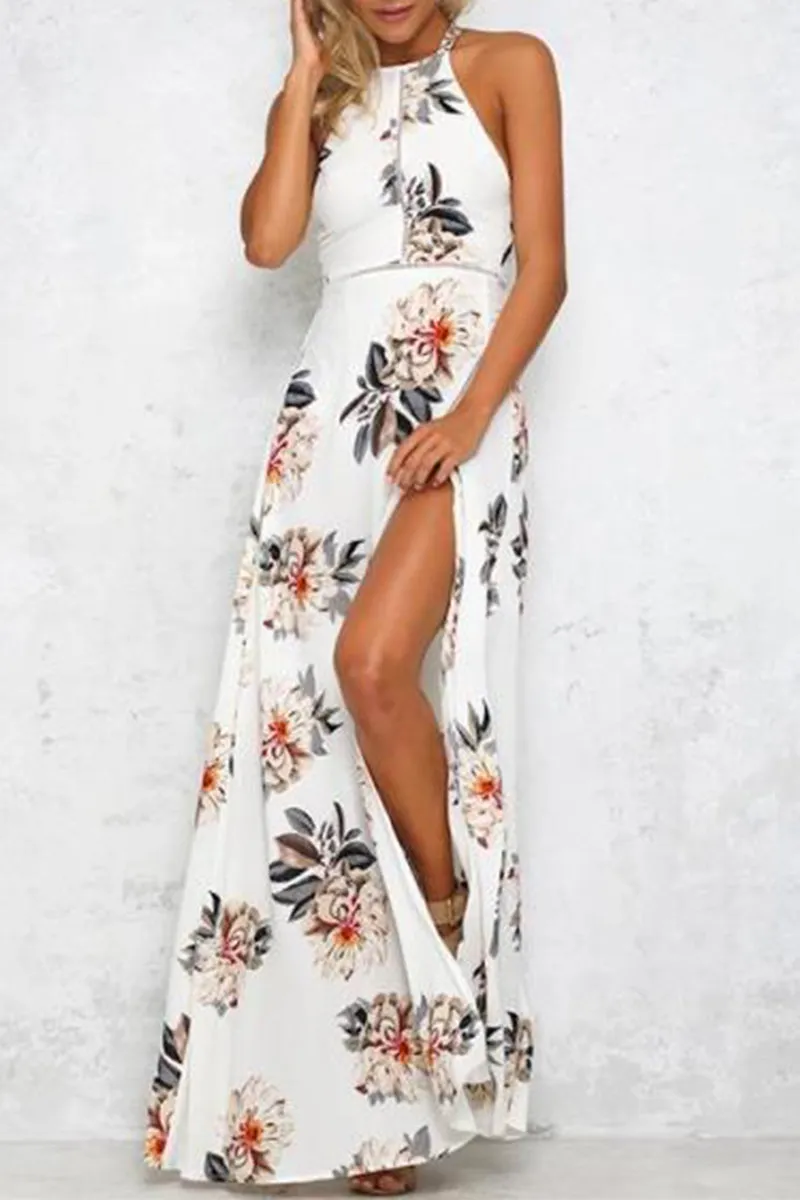 Casual Print Hollowed Out Frenulum Halter Sleeveless Dresses