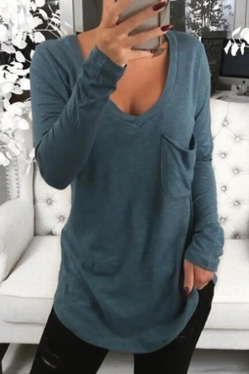 Casual Solid Patchwork Pocket V Neck Tops