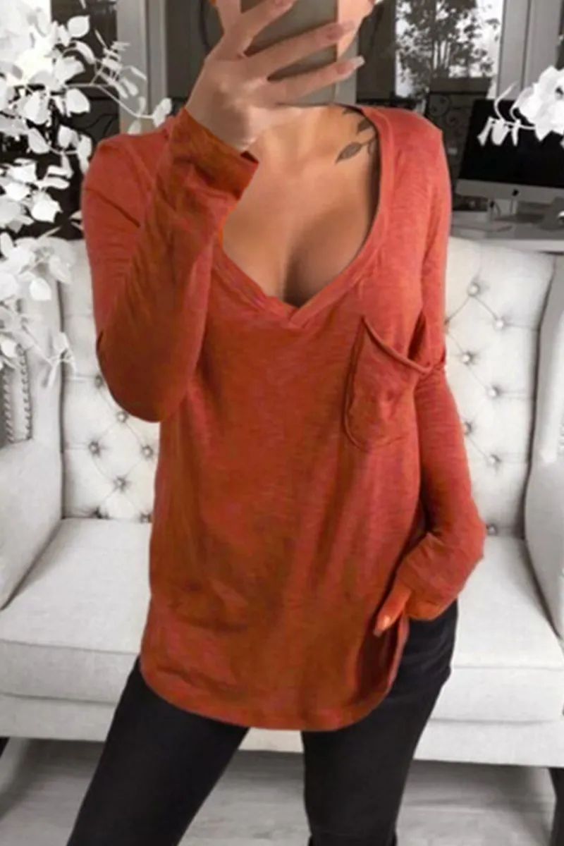 Casual Solid Patchwork Pocket V Neck Tops