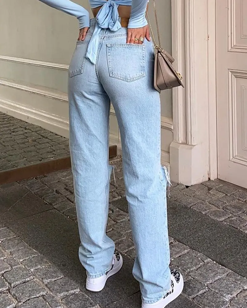 Casual Straight-Leg Ripped Jeans