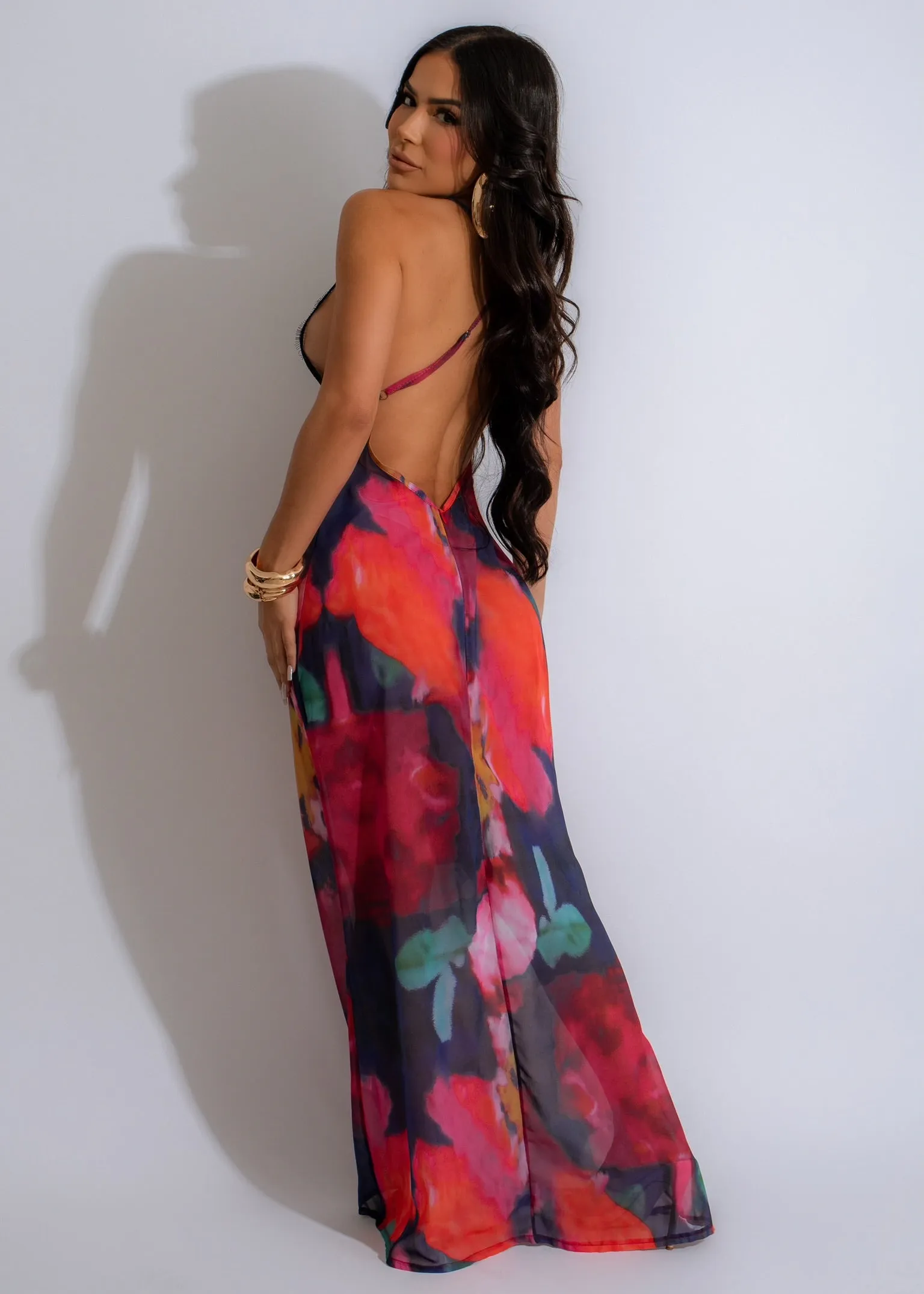 CAY967P - PRINTED MESH LACE HALTER DRESS