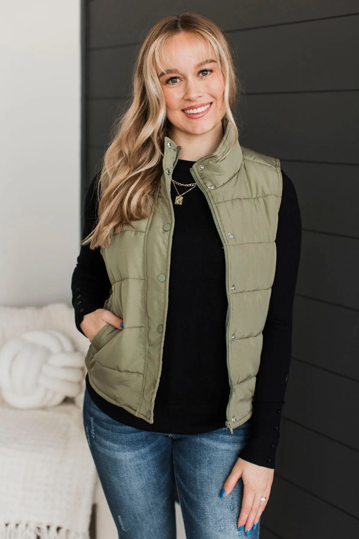 Certainly Adorable Puffer Vest- Sage