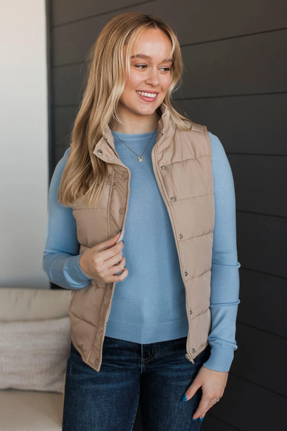 Certainly Adorable Puffer Vest- Taupe