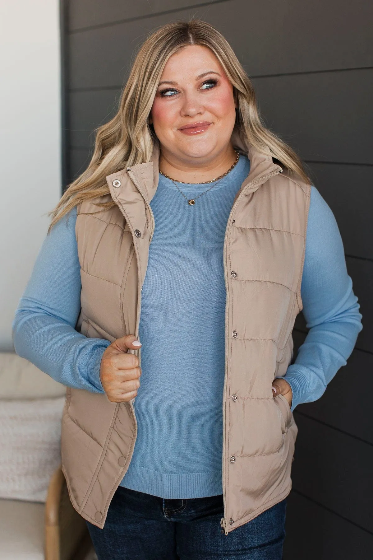 Certainly Adorable Puffer Vest- Taupe
