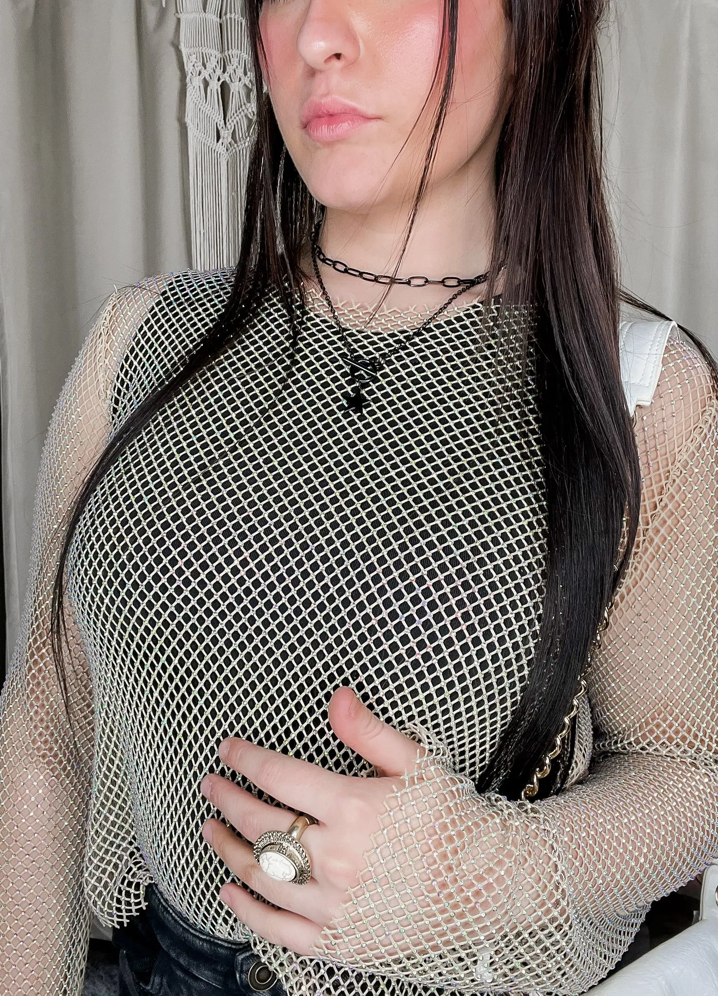 Champagne Avril Metallic Rhinestone Mesh Top