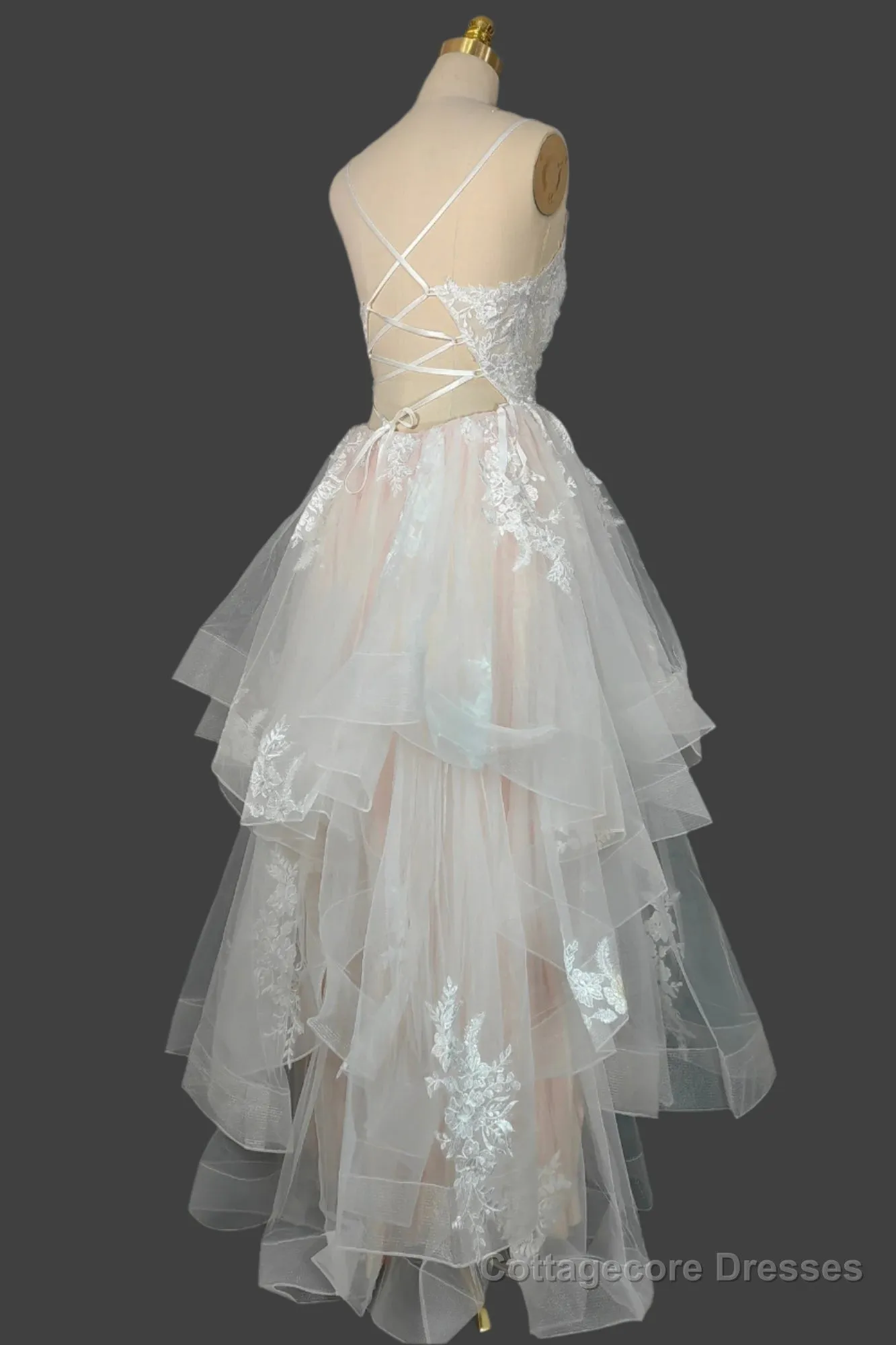 Champagne V-Neck Long Prom Dresses A-Line Tulle Formal Evening Dresses